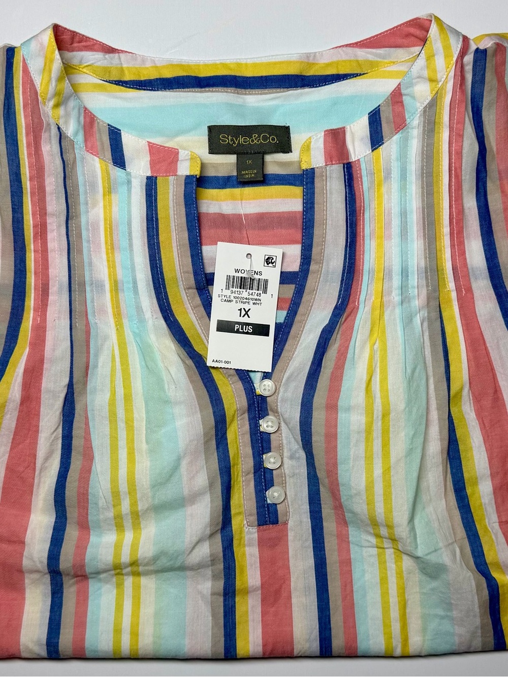 Style & Co Plus 1X Striped V‑Neck Dolman Sleeve 100%‎ Cotton Multi‑Color Blouse